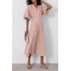 imagechouyatou Women Summer Puff Sleeve Button Down Shirt Dress Flowy Elegant Business Casual Midi Long DressPink