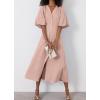 imagechouyatou Women Summer Puff Sleeve Button Down Shirt Dress Flowy Elegant Business Casual Midi Long DressPink