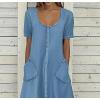 imagechouyatou Women Summer Short Sleeve ALine Midi Denim Dress Modest Casual U Neck Long Jean T Shirt DressBlue