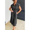 imagechouyatou Women Summer Short Sleeve Denim Shirt Dress Zip Business Casual Midi Long Jean Dress with SplitBlack