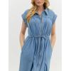 imagechouyatou Women Summer Short Sleeve Denim Shirt Dress Zip Business Casual Midi Long Jean Dress with SplitBlue
