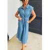 imagechouyatou Women Summer Short Sleeve Denim Shirt Dress Zip Business Casual Midi Long Jean Dress with SplitBlue