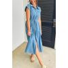 imagechouyatou Women Summer Short Sleeve Denim Shirt Dress Zip Business Casual Midi Long Jean Dress with SplitBlue