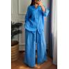 imagechouyatou Womens 2 Piece Outfits Long Sleeve Button Down Shirt Wide leg Palazzo Pants Matching SetBlue