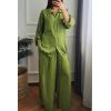 imagechouyatou Womens 2 Piece Outfits Long Sleeve Button Down Shirt Wide leg Palazzo Pants Matching SetGreen
