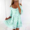 imagechouyatou Womens 2025 Eyelet Lace Embroidery Ruffle Dress Sexy Spaghetti Strap Cold Shoulder Party Sun Mini DressGreen