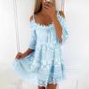 imagechouyatou Womens 2025 Eyelet Lace Embroidery Ruffle Dress Sexy Spaghetti Strap Cold Shoulder Party Sun Mini DressLight Blue
