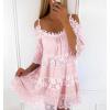 imagechouyatou Womens 2025 Eyelet Lace Embroidery Ruffle Dress Sexy Spaghetti Strap Cold Shoulder Party Sun Mini DressPink