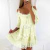 imagechouyatou Womens 2025 Eyelet Lace Embroidery Ruffle Dress Sexy Spaghetti Strap Cold Shoulder Party Sun Mini DressYellow