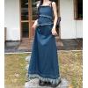 imagechouyatou Womens Adjustable Spaghetti Strap Denim Maxi Dress Distressed Fringe A Line Long Jean DressDark Blue