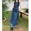 imagechouyatou Womens Adjustable Spaghetti Strap Denim Maxi Dress Distressed Fringe A Line Long Jean DressDark Blue