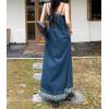 imagechouyatou Womens Adjustable Spaghetti Strap Denim Maxi Dress Distressed Fringe A Line Long Jean DressDark Blue