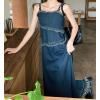 imagechouyatou Womens Adjustable Spaghetti Strap Denim Maxi Dress Distressed Fringe A Line Long Jean DressDark Blue