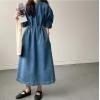 imagechouyatou Womens Casual Spring Fall Denim Dress Adjustable Drawstring Waist Midi Long Jean Shirt DressBlue