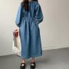 imagechouyatou Womens Casual Spring Fall Denim Dress Adjustable Drawstring Waist Midi Long Jean Shirt DressBlue