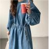 imagechouyatou Womens Casual Spring Fall Denim Dress Adjustable Drawstring Waist Midi Long Jean Shirt DressBlue