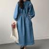 imagechouyatou Womens Casual Spring Fall Denim Dress Adjustable Drawstring Waist Midi Long Jean Shirt DressBlue
