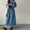 imagechouyatou Womens Casual Spring Fall Denim Dress Adjustable Drawstring Waist Midi Long Jean Shirt DressBlue