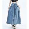 imagechouyatou Womens Sexy Tie Waist Maxi Denim Skirt High Elastic Waist Pleated ALine Swing Long Jean SkirtLight Blue