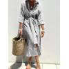 imagechouyatou Womens Summer 34 Sleeve Striped Shirt Dress Belted Maxi Long Casual Button Down Beach DressBlack