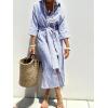 imagechouyatou Womens Summer 34 Sleeve Striped Shirt Dress Belted Maxi Long Casual Button Down Beach DressBlue