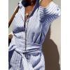 imagechouyatou Womens Summer 34 Sleeve Striped Shirt Dress Belted Maxi Long Casual Button Down Beach DressBlue