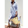 imagechouyatou Womens Summer 34 Sleeve Striped Shirt Dress Belted Maxi Long Casual Button Down Beach DressBlue