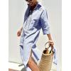 imagechouyatou Womens Summer 34 Sleeve Striped Shirt Dress Belted Maxi Long Casual Button Down Beach DressBlue