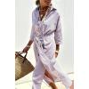 imagechouyatou Womens Summer 34 Sleeve Striped Shirt Dress Belted Maxi Long Casual Button Down Beach DressCoffee