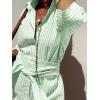 imagechouyatou Womens Summer 34 Sleeve Striped Shirt Dress Belted Maxi Long Casual Button Down Beach DressGreen