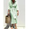 imagechouyatou Womens Summer 34 Sleeve Striped Shirt Dress Belted Maxi Long Casual Button Down Beach DressGreen