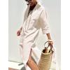 imagechouyatou Womens Summer 34 Sleeve Striped Shirt Dress Belted Maxi Long Casual Button Down Beach DressKhaki
