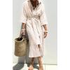 imagechouyatou Womens Summer 34 Sleeve Striped Shirt Dress Belted Maxi Long Casual Button Down Beach DressKhaki