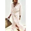 imagechouyatou Womens Summer 34 Sleeve Striped Shirt Dress Belted Maxi Long Casual Button Down Beach DressKhaki