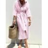 imagechouyatou Womens Summer 34 Sleeve Striped Shirt Dress Belted Maxi Long Casual Button Down Beach DressPink