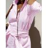 imagechouyatou Womens Summer 34 Sleeve Striped Shirt Dress Belted Maxi Long Casual Button Down Beach DressPink