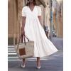 imagechouyatou Womens Summer Casual Puff Sleeve Midi Long Cotton Dress Swing Empire Waist Tiered ALine DressOffwhite