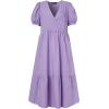 imagechouyatou Womens Summer Casual Puff Sleeve Midi Long Cotton Dress Swing Empire Waist Tiered ALine DressPurple