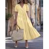 imagechouyatou Womens Summer Casual Puff Sleeve Midi Long Cotton Dress Swing Empire Waist Tiered ALine DressYellow