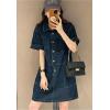 imagechouyatou Womens Summer Denim Dress Loose VNeck Jean Shirt Dress Cute Denim Tunic Dress with PocketsDark Blue