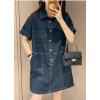 imagechouyatou Womens Summer Denim Dress Loose VNeck Jean Shirt Dress Cute Denim Tunic Dress with PocketsDark Blue