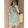 imagechouyatou Womens Summer Denim Dress Loose VNeck Jean Shirt Dress Cute Denim Tunic Dress with PocketsLight Blue