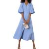 imagechouyatou Women Summer Puff Sleeve Button Down Shirt Dress Flowy Elegant Business Casual Midi Long DressBlue