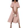 imagechouyatou Women Summer Puff Sleeve Button Down Shirt Dress Flowy Elegant Business Casual Midi Long DressPink