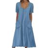 imagechouyatou Women Summer Short Sleeve ALine Midi Denim Dress Modest Casual U Neck Long Jean T Shirt DressBlue