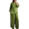 imagechouyatou Womens 2 Piece Outfits Long Sleeve Button Down Shirt Wide leg Palazzo Pants Matching SetGreen