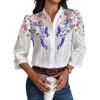 imagechouyatou Womens 2025 Eyelet Lace Embroidery Button Down Shirts 34 Puff Sleeve Boho Crochet Blouse TopsBlue