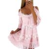 imagechouyatou Womens 2025 Eyelet Lace Embroidery Ruffle Dress Sexy Spaghetti Strap Cold Shoulder Party Sun Mini DressPink