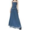 imagechouyatou Womens Adjustable Spaghetti Strap Denim Maxi Dress Distressed Fringe A Line Long Jean DressDark Blue