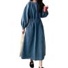 imagechouyatou Womens Casual Spring Fall Denim Dress Adjustable Drawstring Waist Midi Long Jean Shirt DressBlue